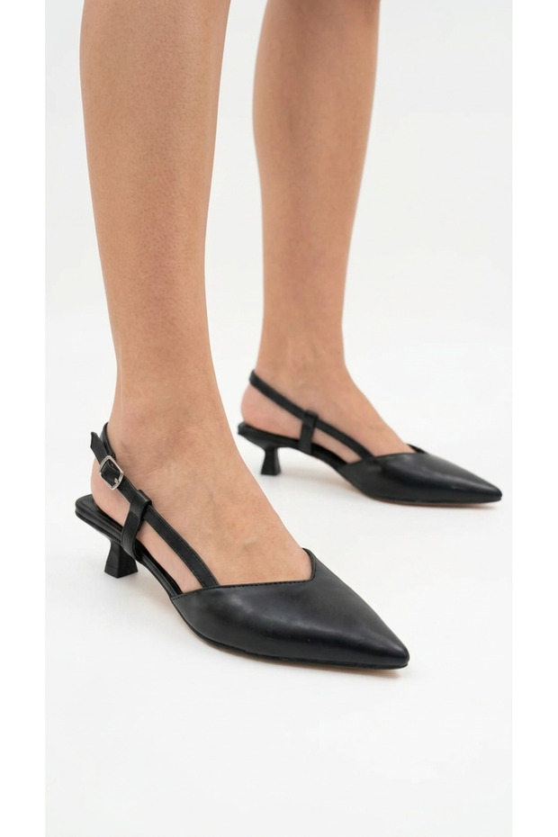Women's Black Elegant Pointed Toe Open Back Buckle Casual Low Heel Shoes