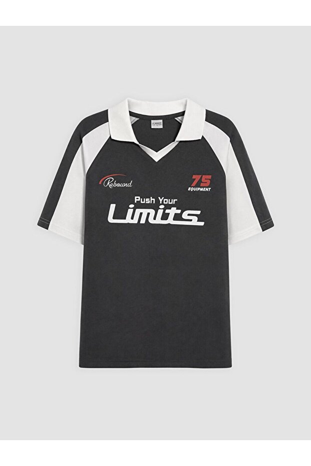 Lcw Kids Anthracite Polo Collar Printed Boys' T-Shirt