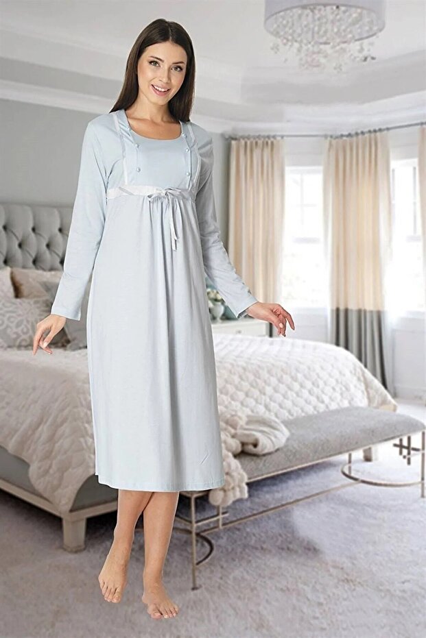Dvina Maternity Long Sleeve Nightgown with Bow Detail - Blue