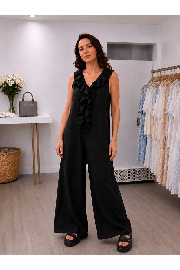Tensel Fabric Casual Jumpsuit with Flywheel Detail - Black