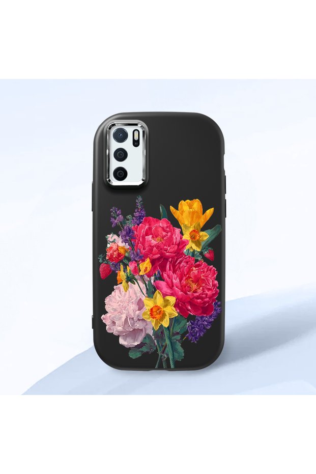 Oppo A54S Compatible Case Camera Protective Black Silicone Couple Phone Case with Floral Pattern