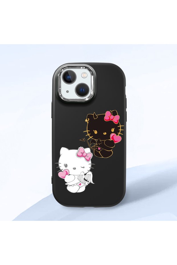 iPhone 13 Mini Compatible Case Camera Protector Black Silicone Couple Phone Case Kitty Pattern