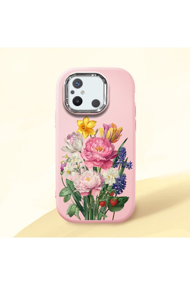 Redmi 12C Compatible Case Camera Protector Pink Silicone Couple Phone Case with Floral Pattern