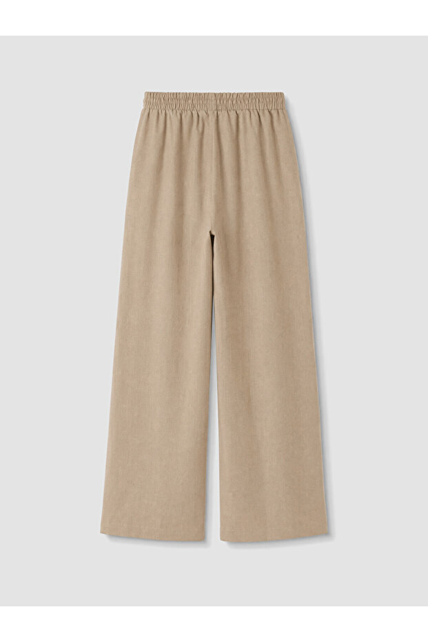 Beige Elastic Waist Linen Blend Women's Trousers