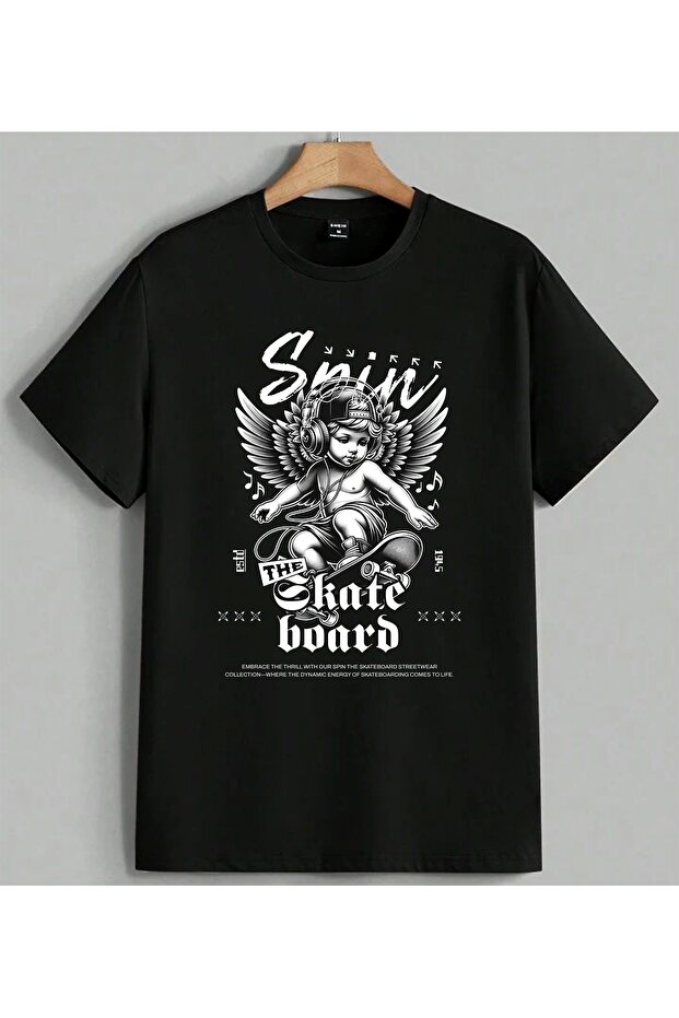 Skate Boarded Angel Wing Printed Unisex Oversize T-Shirt Black