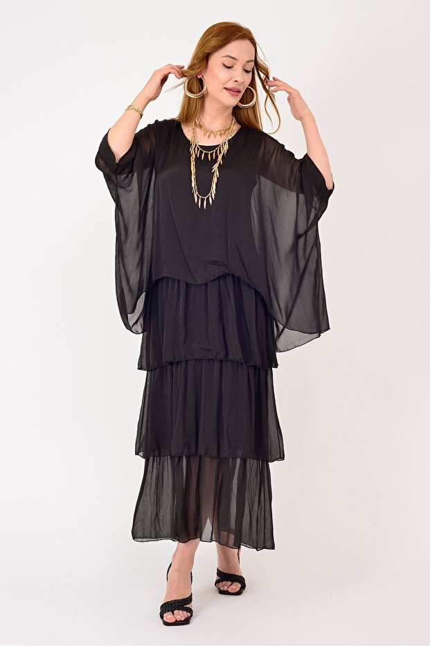 Women's Italian Authentic Prato Bat Sleeve Layered Silk Dress