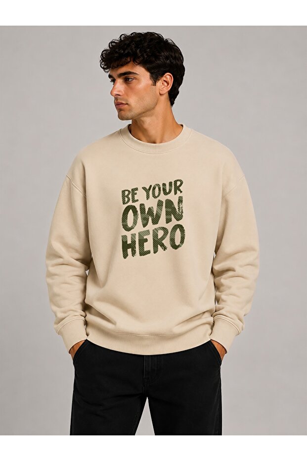 Hero Print Detailed Crew Neck 2 Thread Sweatshirt