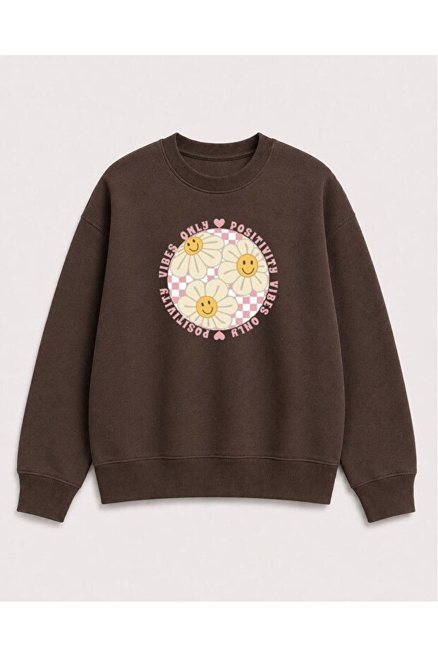 Smiling Faces Emoji Printed 2 Thread Threaded Crew Neck Sweatshirt