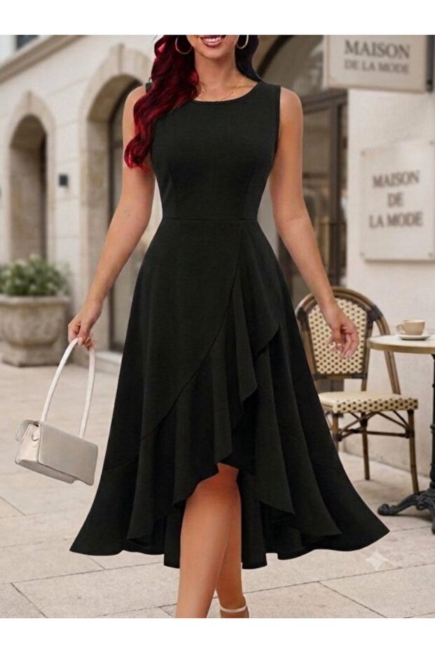 Women's round neck ruffle front asymmetrical detail midi janjan crepe dress