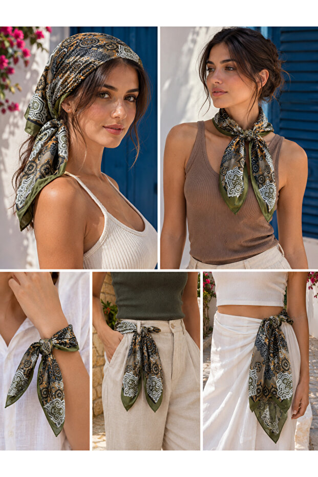 Women's Khaki Ethnic Medallion Patterned Cotton 70X70 Imported Scarf Flr6035