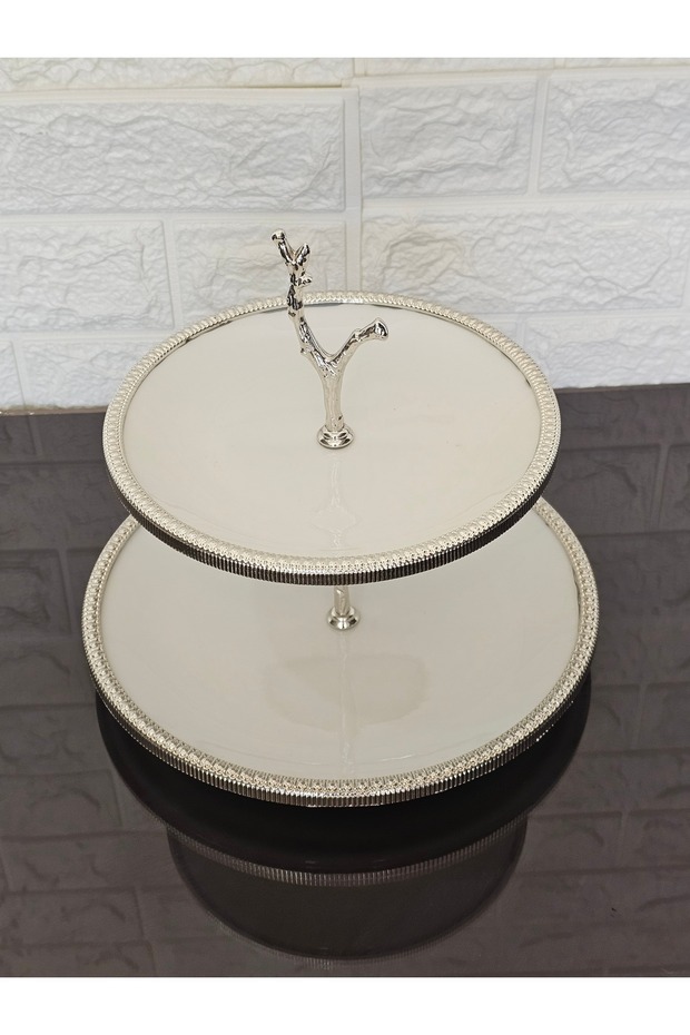 Porcelain Round Cast Silver Frame 2-Layer Cookie Bowl Simple 25+19 cm