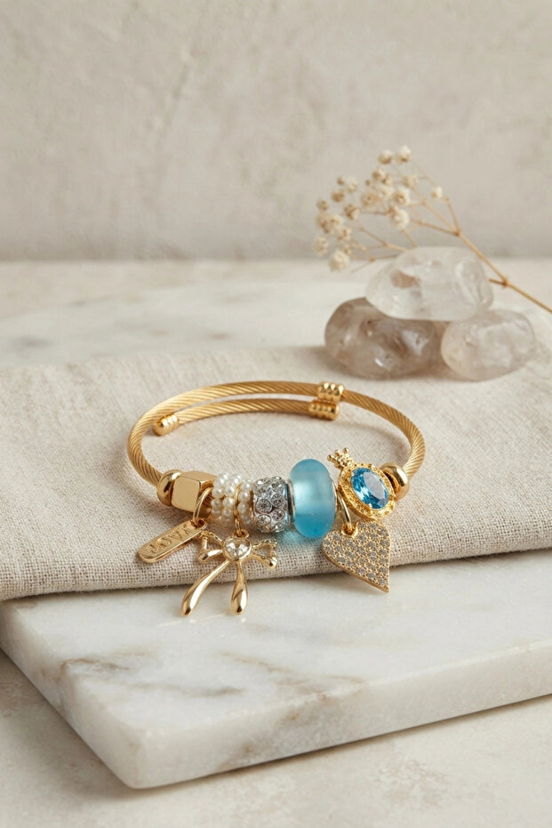 Bow and Heart Blue Charm Bracelet