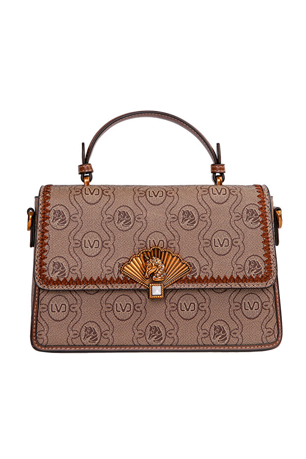 Monogram Printed Logo Detailed Stylish Design Women's Hand and Shoulder Bag Camel