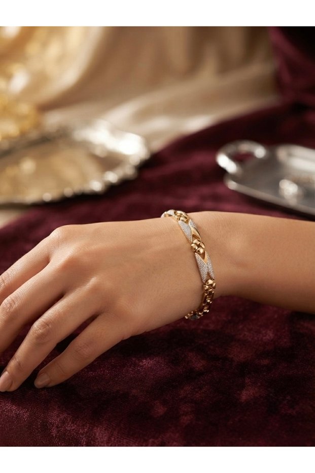 Elegance Series Shiny Gold Plated Stylish Steel Bracelet with Zircon Stones