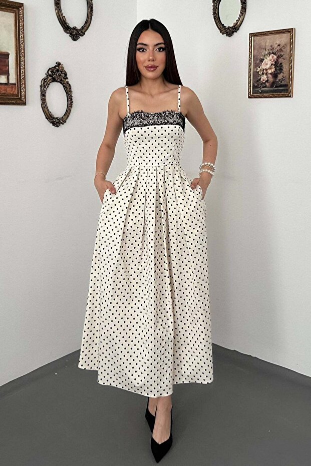 Women's Ecru Polka Dot Lace Thin Strap Square Neck Pocketed Flared Maxi Dress