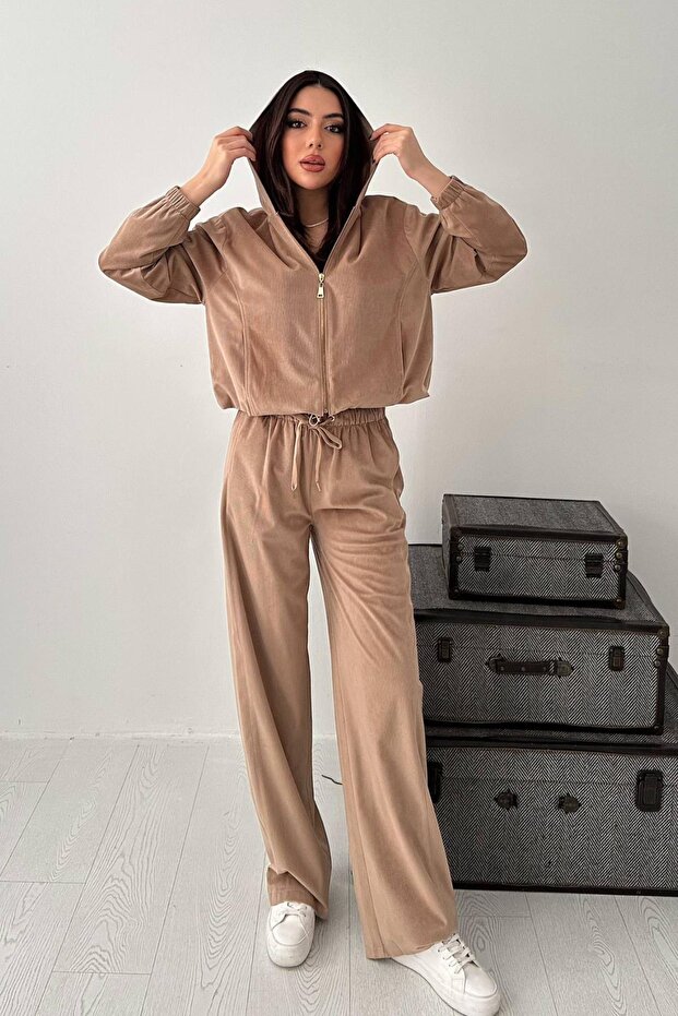 Women's Beige Top and Bottom Set Thin Velvet Hooded Zippered Lace-Up Wide-Leg Pants Set