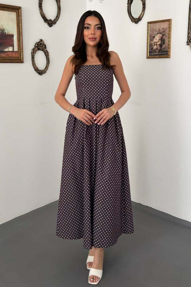 Women's Plum Polka Dot Strapless Pleated Maxi Cotton Dress with Pockets