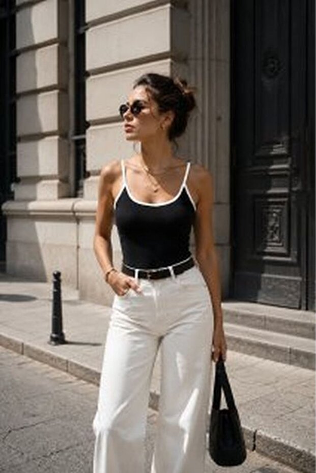 Women's Black Strappy Ribbed Textured Contrast Piping U-Neck Slim Fit Blouse