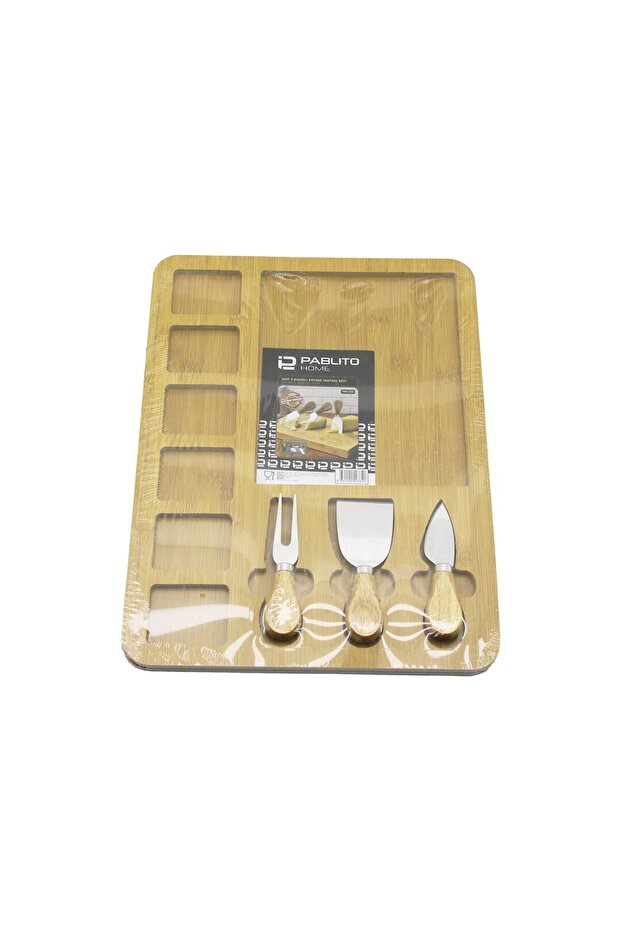 Rectangular 6+1 Compartment Mdf Breakfast Cheese Presentation Board 3 Blades=Wooden Handle 30X39.5Cm (5492)