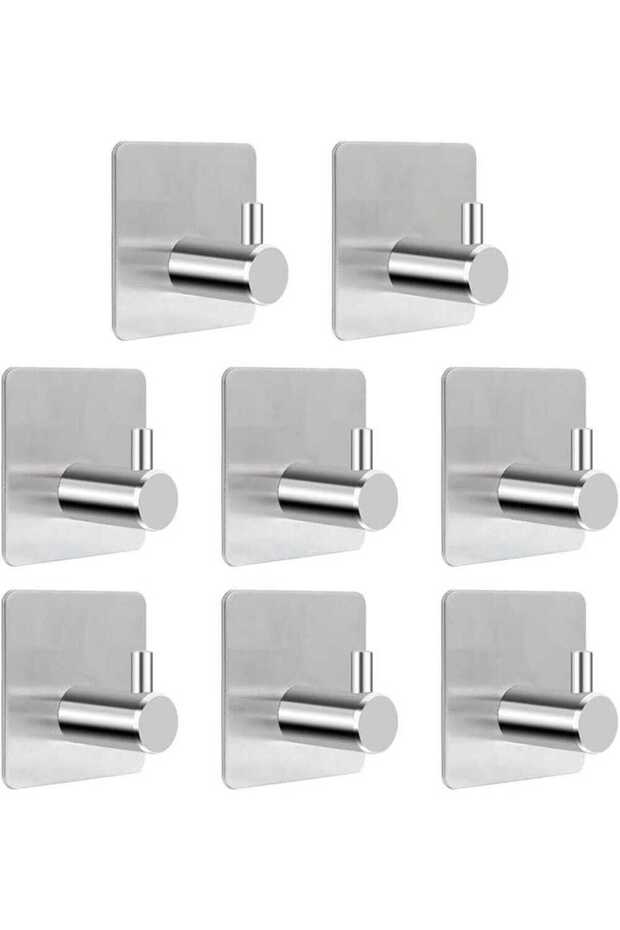 8 adhesive hooks, 8 self-adhesive hooks, stainless steel bathroom wall hooks (silver)