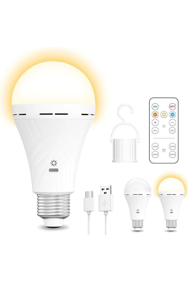 USB Rechargeable 2600mAh E27 LED Bulb Remote Timer Hook Pendant Night Light