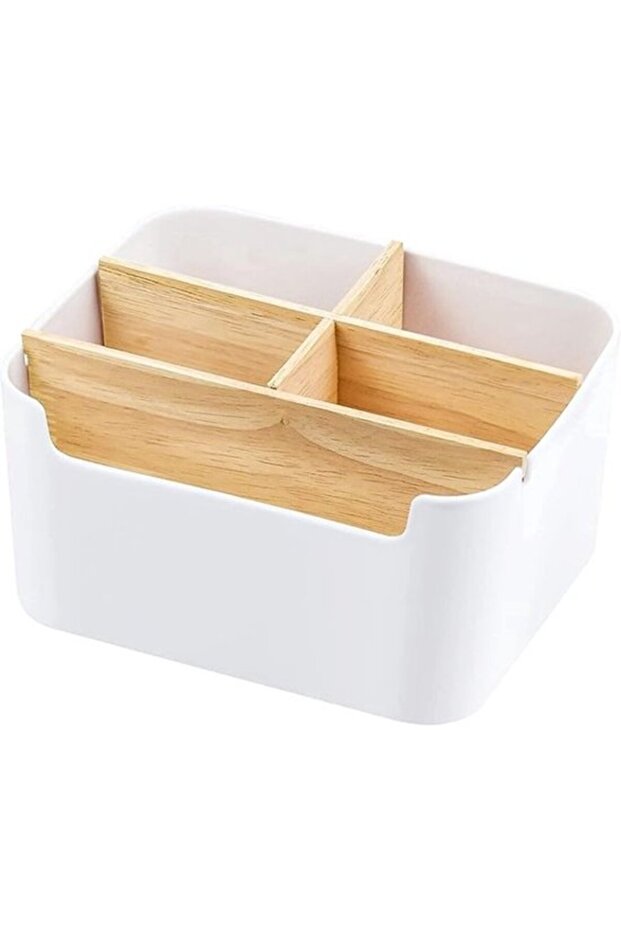 Bamboo desktop storage box with multiple compartments for storing pens and accessories.