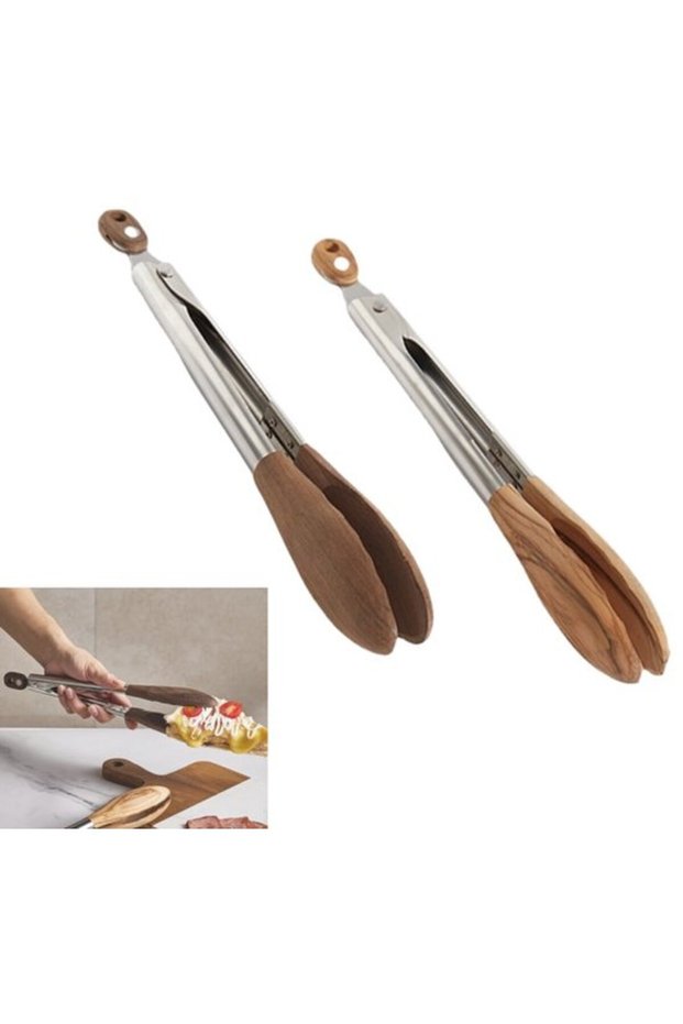 Wooden Kitchen Clips - 2-Pack - 30cm - Hangable - Heat Resistant - For Cooking, Grilling, & Food Serving - Olive Wood & Black Walnut Wood