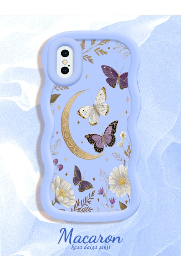 iPhone X/Xs Compatible Wavy Frame Moon Butterfly and Flower Pattern Silicone Phone Case
