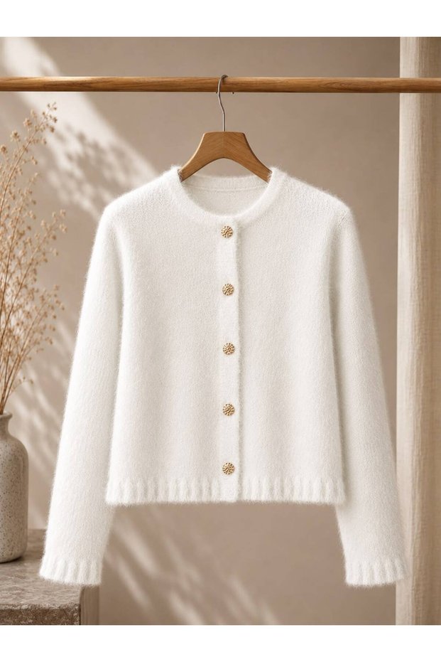 Gold Buttoned Ruffled Women's Knitwear Beard Cardigan
