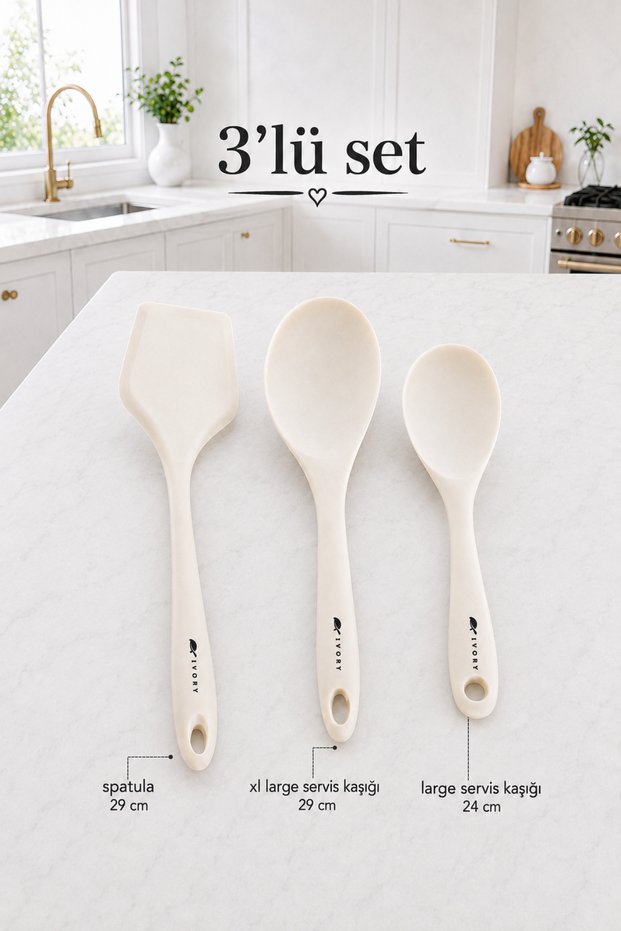 3-Piece Ivory Serving Set 29 cm Spatula 29 cm XL and 24 cm L Serving Spoon Heat Resistant