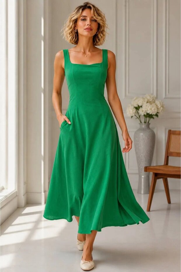 Women's Slim Fit 100% Cotton Square Neck Strap Midi Length Lined Woven Dress 26081