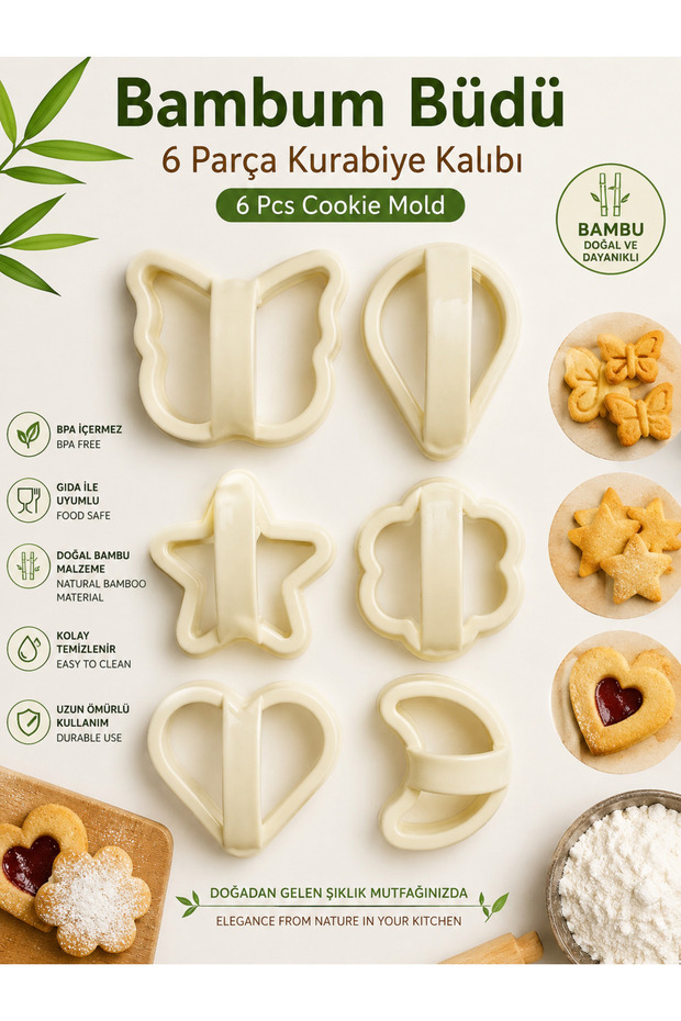 Bambum Büdü 6 Piece Cookie Mold Set | Butterfly Heart Star Balloon Flower Moon Shaped Cookie and Dough Molds