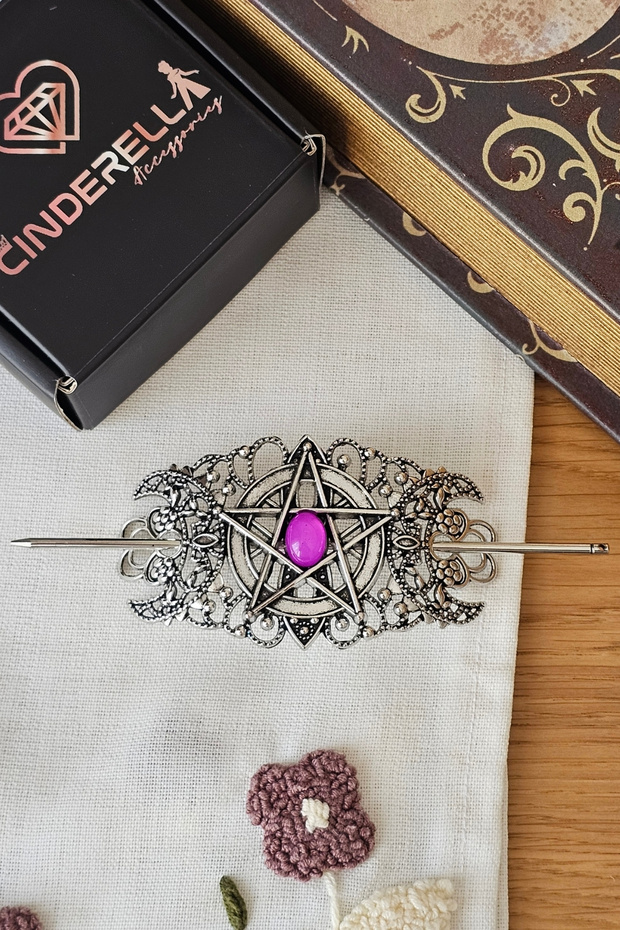Amethyst Purple Stone Barrette Hair Cage Gothic Bun Clip - Vintage Antique Silver Metal Hair Stick