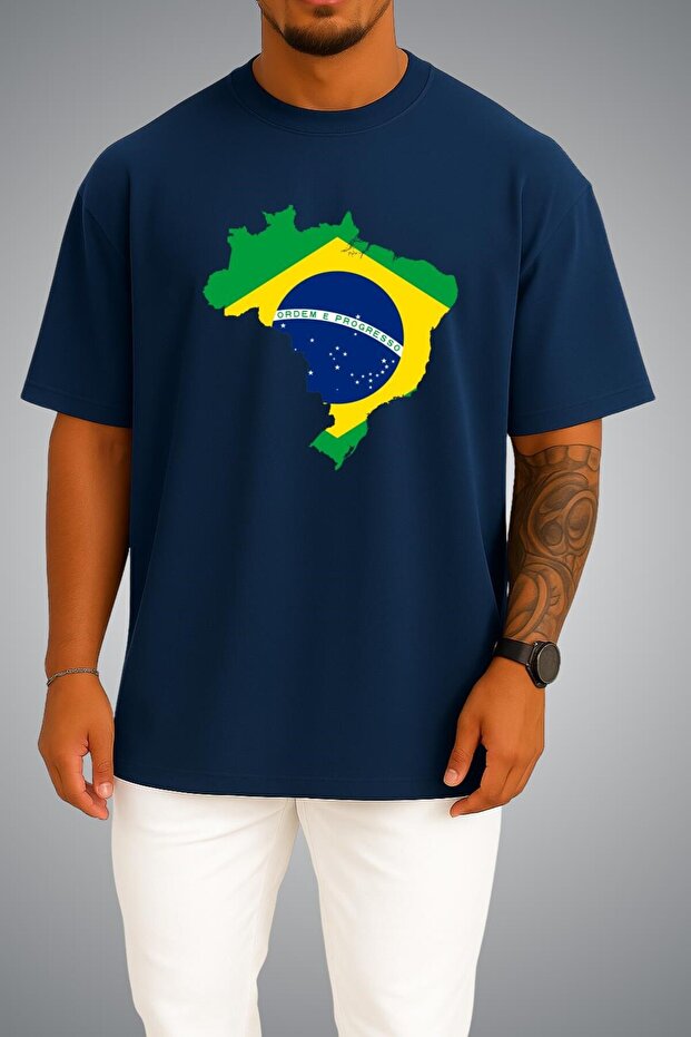 Oversize Brazil Flag and Map Chest Printed Unisex T-Shirt