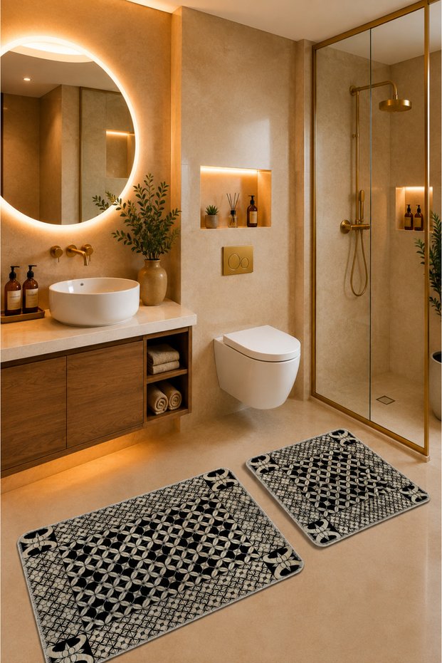 Bath Mat Set of 2 with Non-Slip Base and Washable 60X90 cm - 50X60 cm