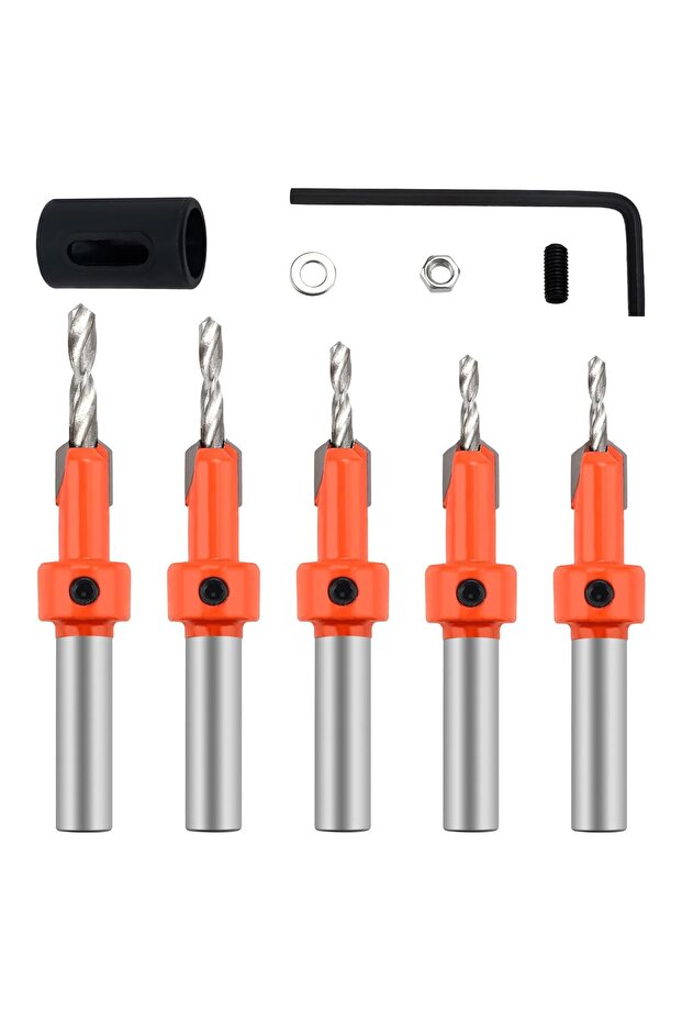 5-piece set of 8mm woodworking chamfering drill bits, countersunk chamfering drill bits, with limit ring and Allen wrench