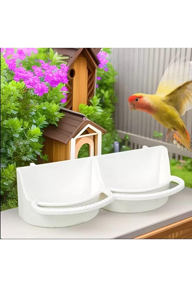 Semi-circular birdcage double-basin food bowl - white
