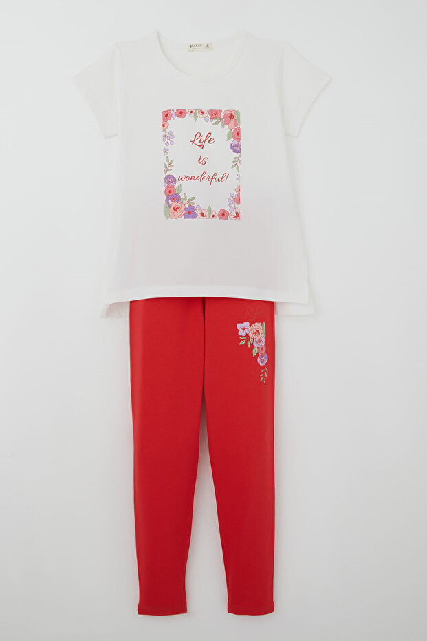 Girl's Tights Set with Floral Print, 5-10 Years, Ecru