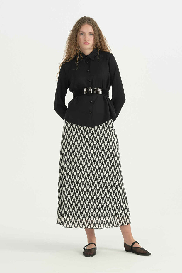 Comfortable Fit Lace Skirted Shirt Set - Black