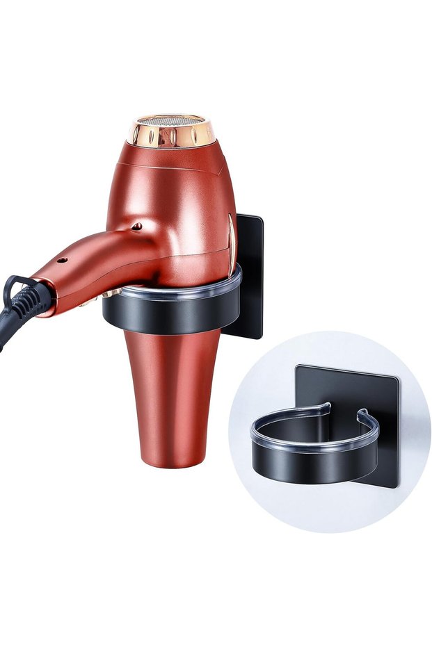 Wall-mounted hair dryer holder, black, no drilling required, hair dryer hanger, suitable for bathroom and bedroom.