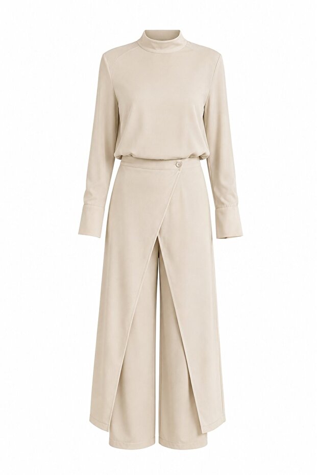 Beige Long Waist Belt Detailed Suit - Tk8335