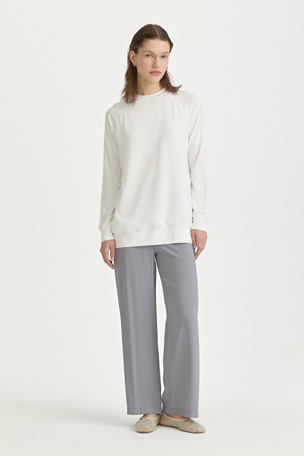 Chiffon Detailed Combed Cotton Blouse - Ecru