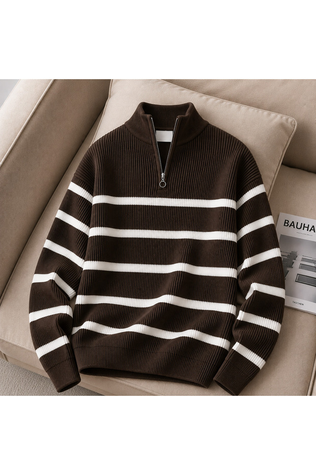 Men's Premium Ribbed Striped Knitwear Sweater with Half Zipper Modern Design