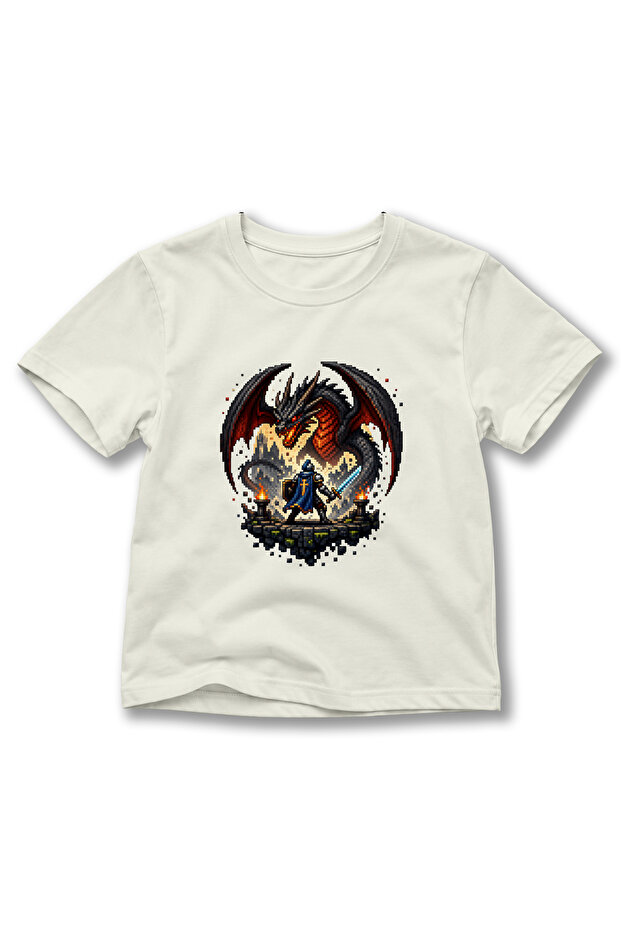 Kids' Dragon and Knight Printed Pixel Art Game-Themed Crew Neck Short Sleeve T-Shirt