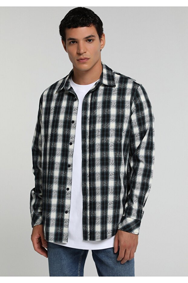 Regular Fit Shirt Neck Plaid Men's Green Long Sleeve Shirt