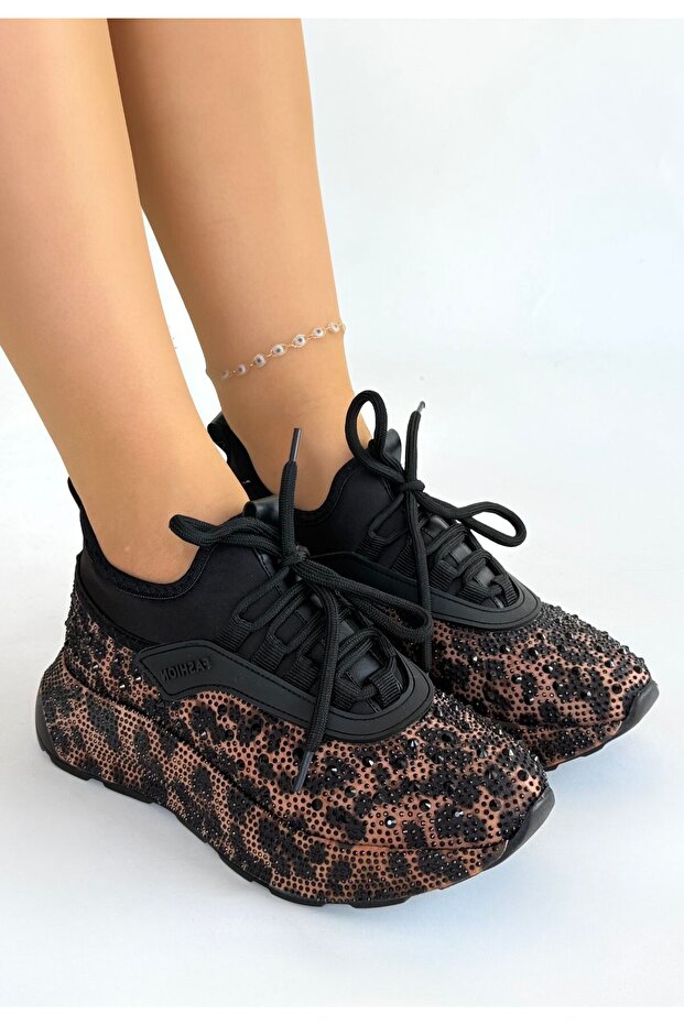 Rimay Brown Leopard Bead Embroidered Sneakers