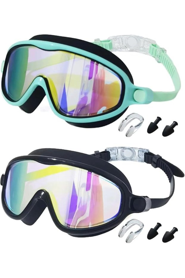 Children's swimming goggles, unisex, high-definition waterproof and anti-fog, electroplated large frame, swimming accessory - black + green