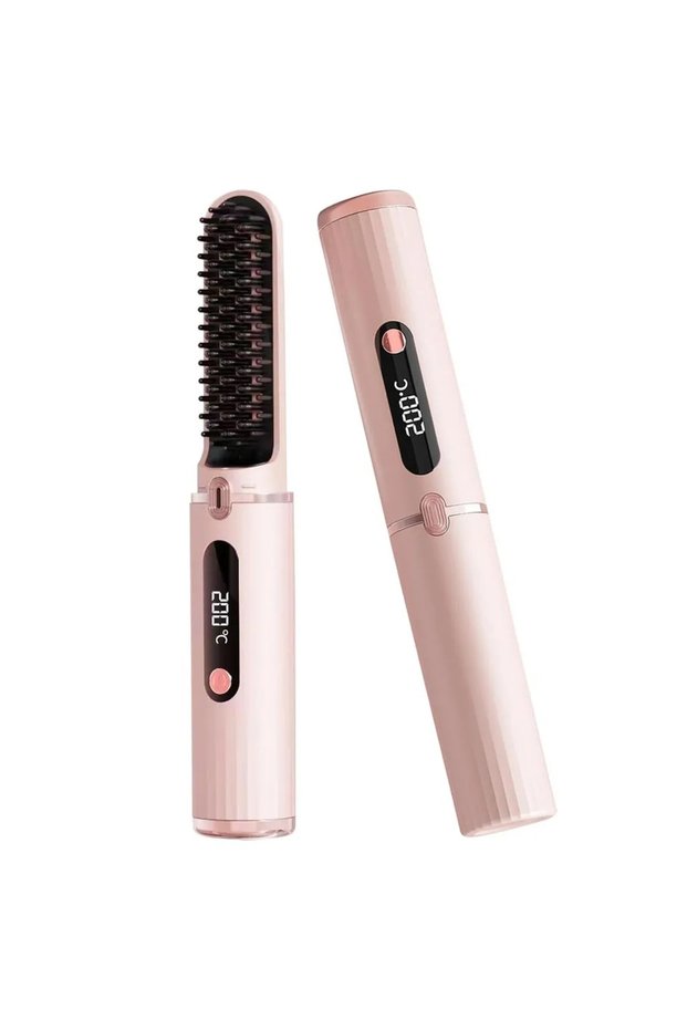 Travel Size Cordless Hair Straightener Negative Ions Heats Quickly USB Rechargeable Convenient Straightening Brush Pink
