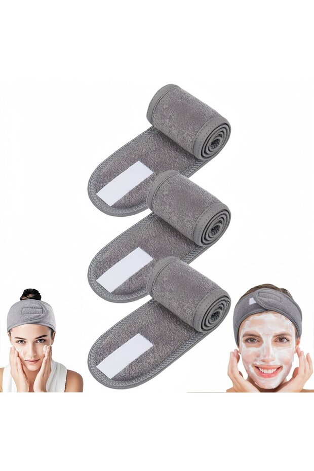 3-Piece Set, Adjustable Terry Cloth Headband, Spa Face Headband, Velcro Closure, Elastic Headband, Hairband, Gray, 62 x 8.5 cm, makeup, yoga, skincare