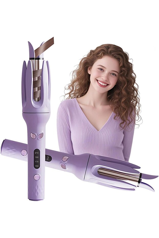 Automatic curling iron, rotary curling iron, 4 temperature settings with display, 40-second rapid heating, anti-tangle, anti-scalding, purple.